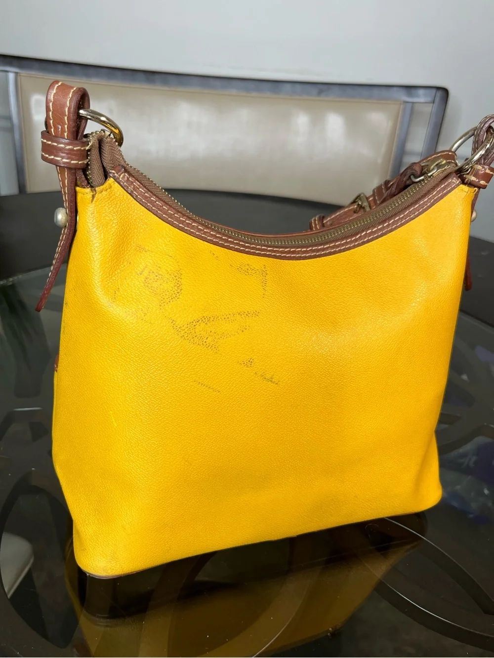 Y2K Dooney & Bourke Hobo Bag Pebble Grain Lucy Mustard Leather Brown Yellow